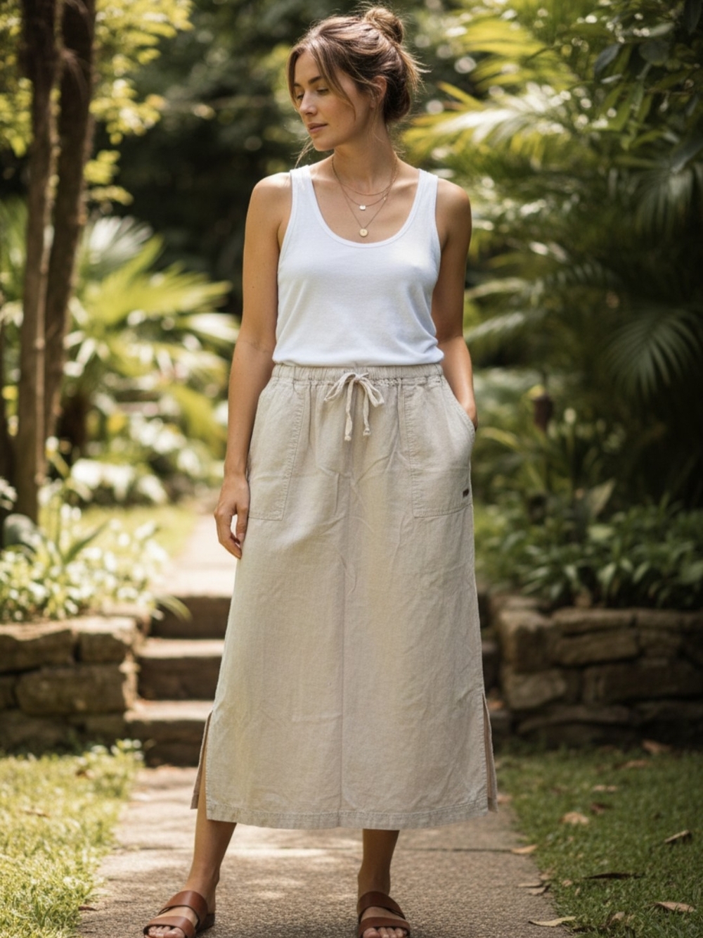Light Beige Drawstring Midi Skirt - Women's Casual Skirt